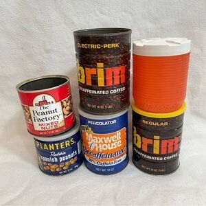 Vintage coffee & peanut cans from the 70s Brim, Maxwell House, Planters 6 pieces